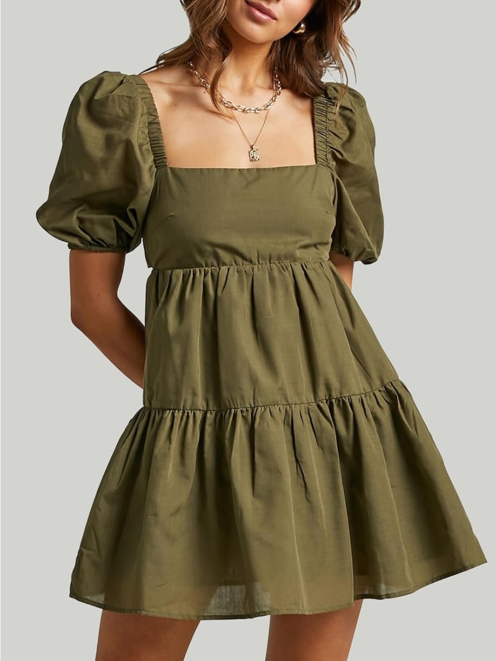 Square Neck Puff Sleeve Tiered Midi Dress in Olive Green